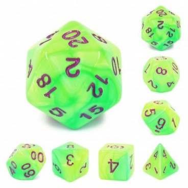 Set de 7 dés - Yellow Green blend (purple font)