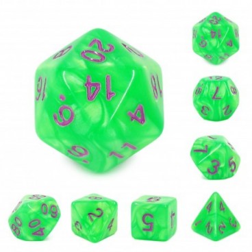 Set de 7 dés – Green Pearl (Purple font)
