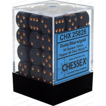 CHESSEX - Set de 36 dés 6 - OPAQUE - Bleu Gris/Or